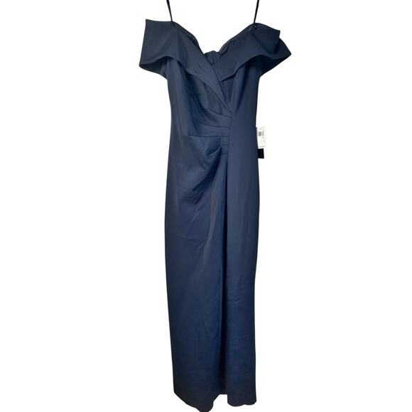 Xscape Women's Off-the-Shoulder Scuba Ruched Gown Navy Blue Size 6 NWT - Picture 4 of 12